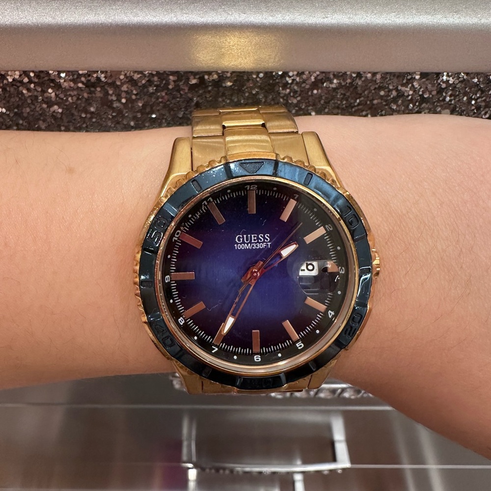 GUESS Gold Tone Bracelet Watch with Blue Dial and Blue Bezel